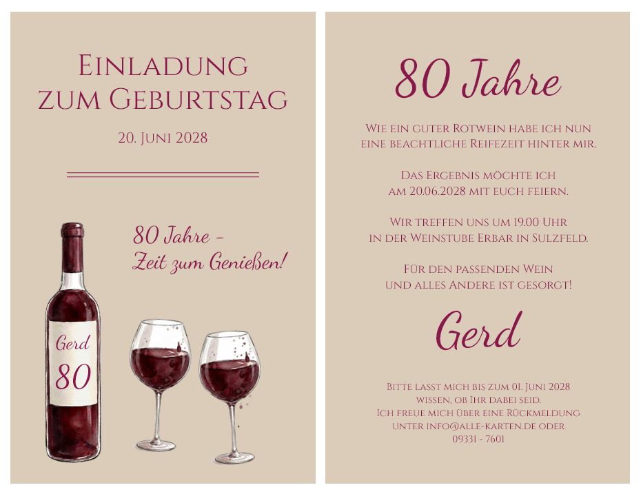 Einladungskarte zum 80. Geburtstag "Zeit zum Genießen!" mit Rotweinflasche und Weingläsern