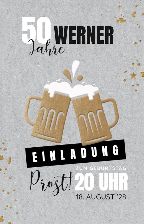 Rustikale Einladungskarte zum 50. Geburtstag mit Bierkrug im zünftigen Design