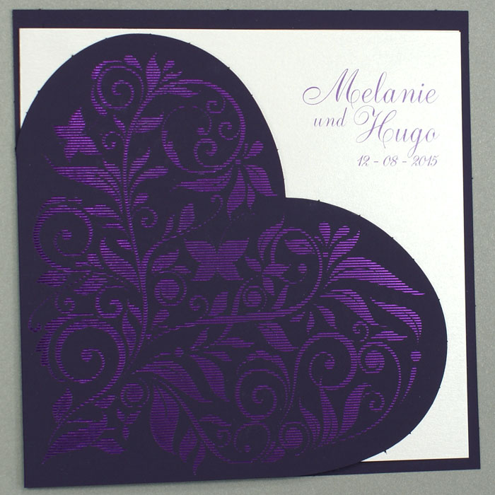 Hochzeitskarte violett Herz metallic Ornament perlmutt ba723040