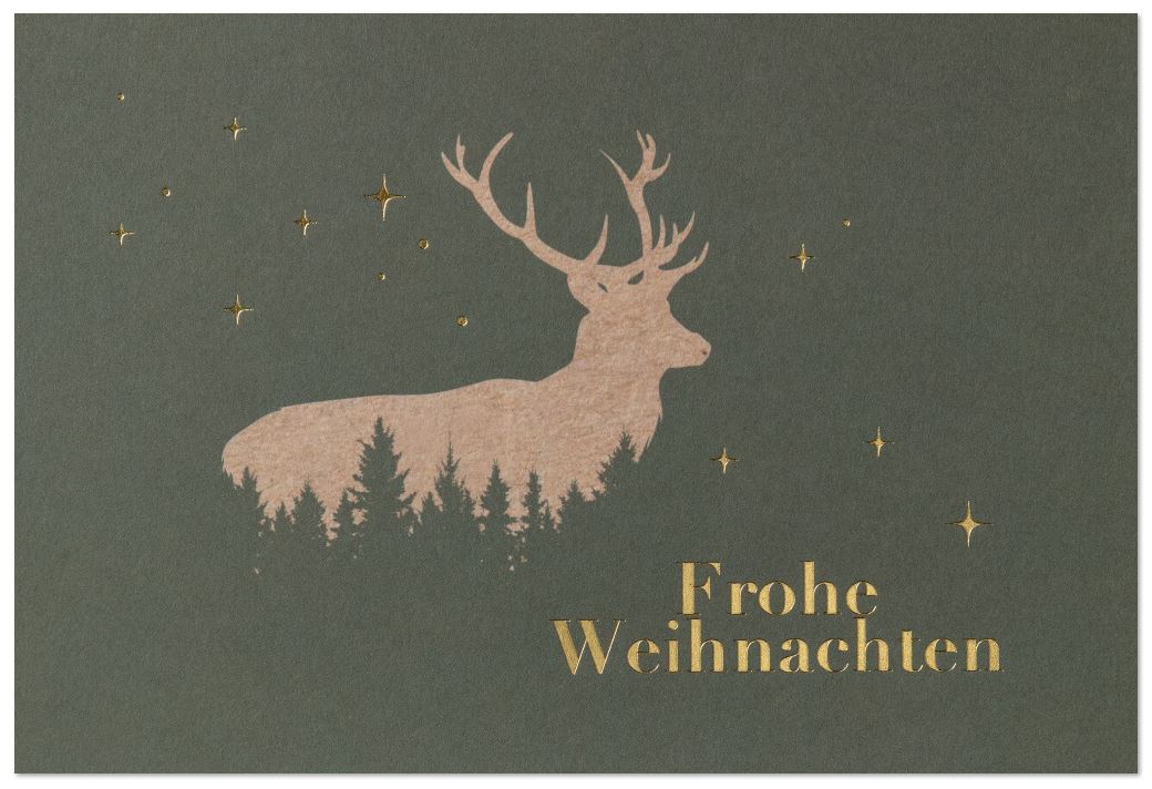 Olivgrüne Weihnachtskarte mit stolzem HIrsch und goldenem Weihnachtsgruß "Frohe Weihnachten"