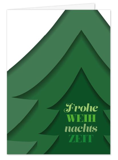Moderne Weihnachtskarte in Papercut-Optik mit Tannenbaum und Gruß sowie gutem Zweck: Kinder-Krebs-Stiftung