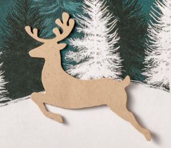 Festliche Weihnachtskarte "Zauberwald" mit aufgeklebtem Hirsch, Tannenwald und weihnachtlichen Grüßen