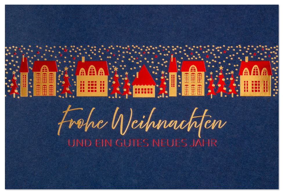 Dunkelblaue Weihnachtskarte mit Rot- und Goldfolienprägung von Häusern, Tannen und herabrieselnden Schneeflocken