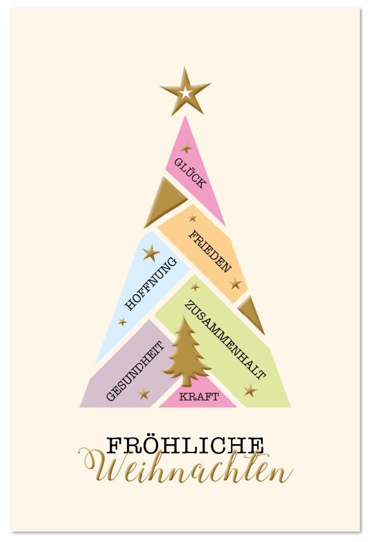 Farbenfrohe Weihnachtskarte mit "Fröhliche Weihnachten" und positiven Worten im Weihnachtsbaum