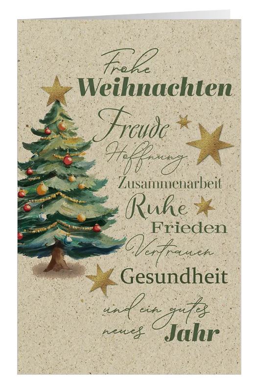 Naturbraune Weihnachtskarte aus Graspapierkarton "Festtagswünsche" mit festlichem Weihnachtsbaum und Sternen
