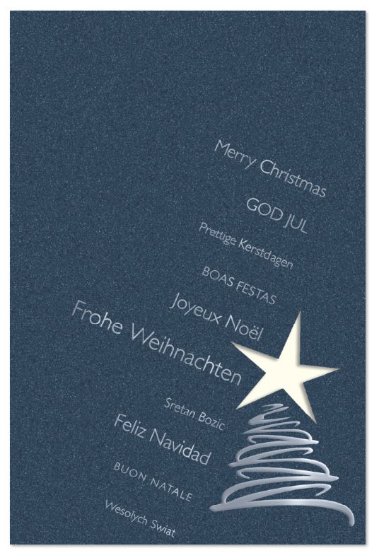 Blaue Weihnachtskarte "Zauberhafter Stern" mit Silberprägung, Formstanzung und internationalen Grüßen, inkl. Einleger