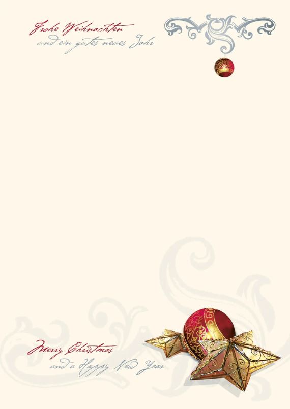 Weihnachtsbriefblätter DIN A4 "Festliches Ornament" mit deutsch-englischem Gruß, Kugeln und Sterne
