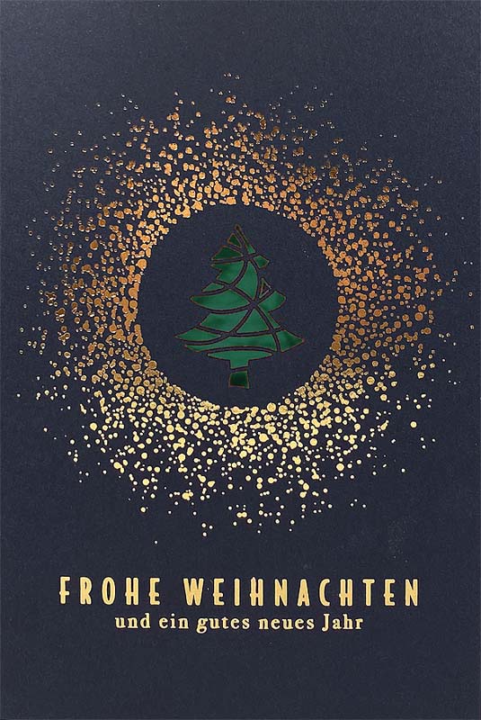 Exclusive Weihnachtskarte in blau mit Laserstanzung und Goldfolienprägung, Einleger dunkelgrün