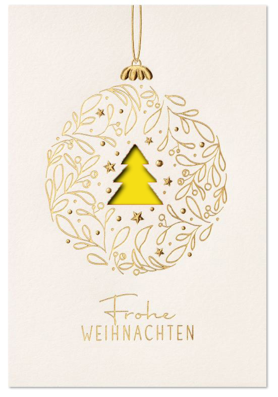 Weiße Weihnachtskarte mit Laserstanzung Baum und Goldfolienprägung von Kugel und Weihnachtsgruß, Einleger gelb