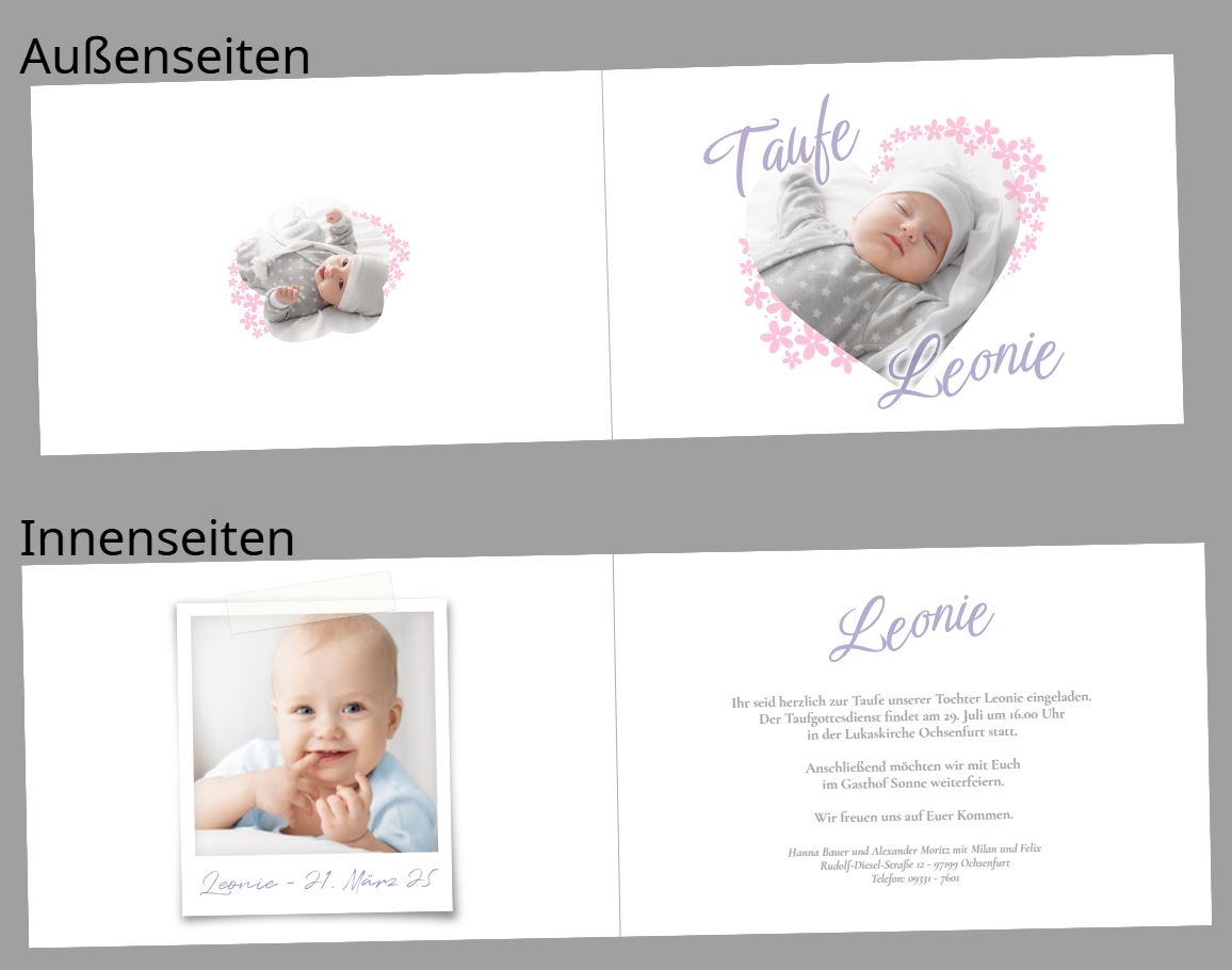 Foto-Einladungskarte zur Taufe mit Blüten und Fotorahmen individuell gestalten