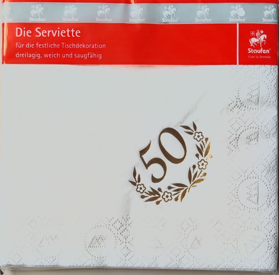 12 Präge-Servietten weiß mit goldener 50, Folien-Prägung für Goldene Hochzeit oder Geburtstag