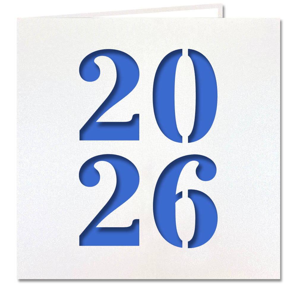 Neujahrskarte weiß mit Jahreszahl 2026 Stanzung und blauem Einlegeblatt Neujahrskarte weiß mit Jahreszahl 2026 Stanzung und blauem Einlegeblatt