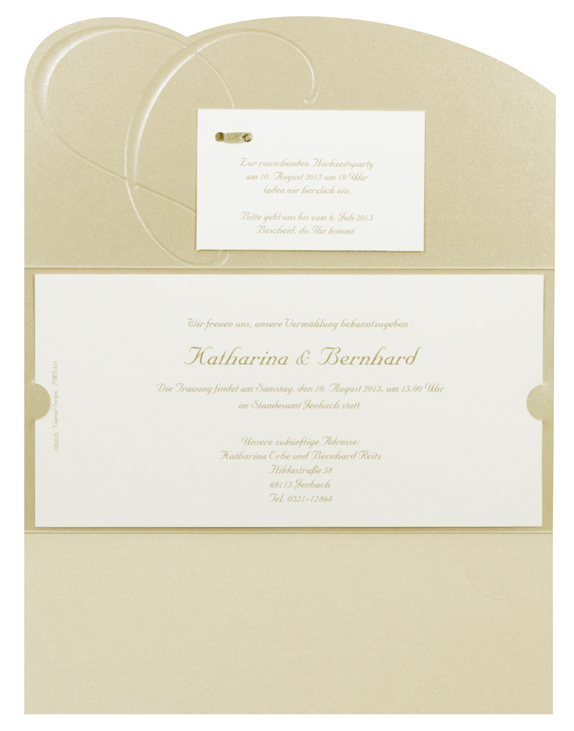 Hochzeitskarte in Sandmetallic mit Goldreliefprägung & Zeichen