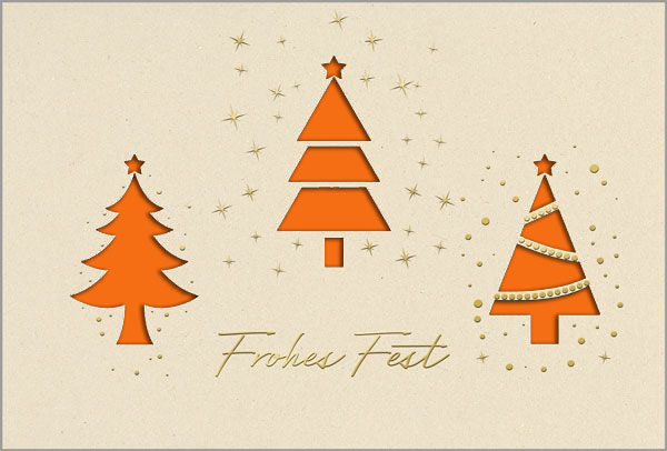 Weihnachtskarte mit Formstanzung und Goldfoliendruck sowie orangefarbenem Falteinleger innen