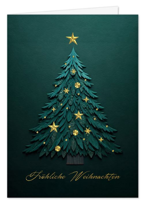 Elegante Weihnachtskarte in smaragdgrün mit "Fröhliche Weihnachten" und Weihnachtsbaum mit goldenen Sternen