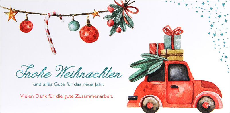 Geschäftliche Weihnachtskarte mit weihnachtlichen Symbolen und Dank für gute Zusammenarbeit