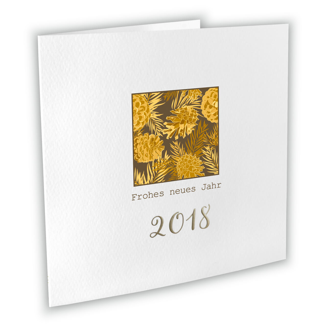 Neujahrskarte 2018 mit braunem Tannenzapfen-Motiv und Schriftzug "Frohes neues Jahr" als Klappkarte