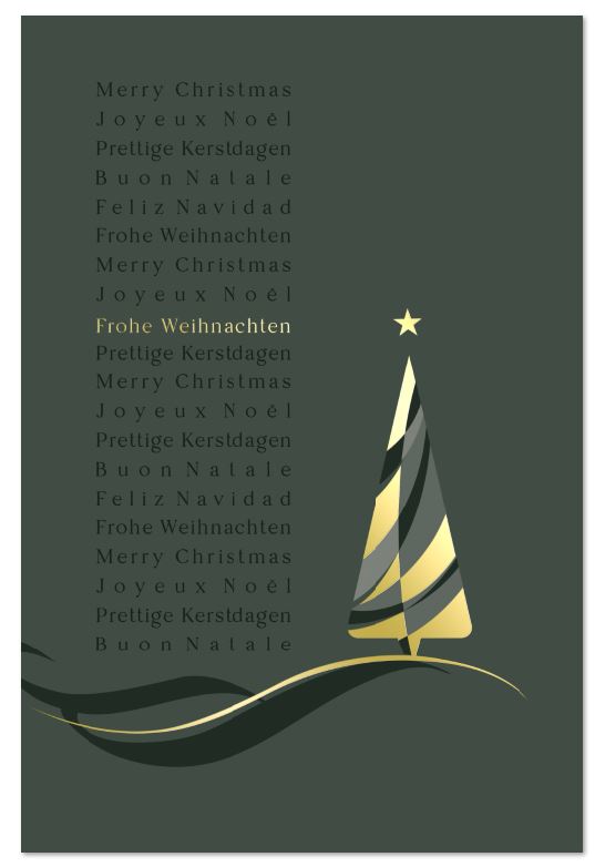 Moderne Festtagskarte mit internationalen Weihnachtsgrüßen und Weihnachtsbaum, mit Goldprägung veredelt