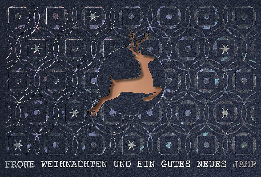 Weihnachtskarte nachtblau mit Holographie-Effekt und Rentier