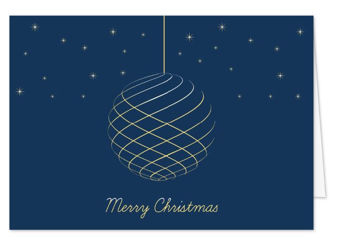 Elegante Weihnachtskarte in blau mit "Merry Christmas" und Kugel-Motiv unter Sternenhimmel