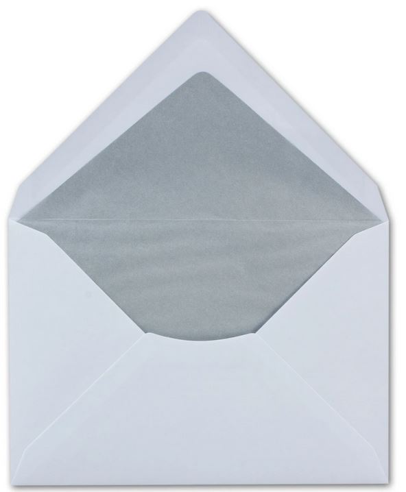 Briefumschlag DIN C6, 16,2 x 11,4 cm, nassklebend, 100g, weiß gefüttert mit silbernem Seidenpapier