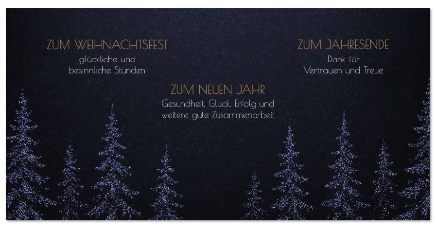 Business-Weihnachtskarte DIN-Lang in Dunkelblau mit Tannenwald und Firmenweihnachtsgrüßen
