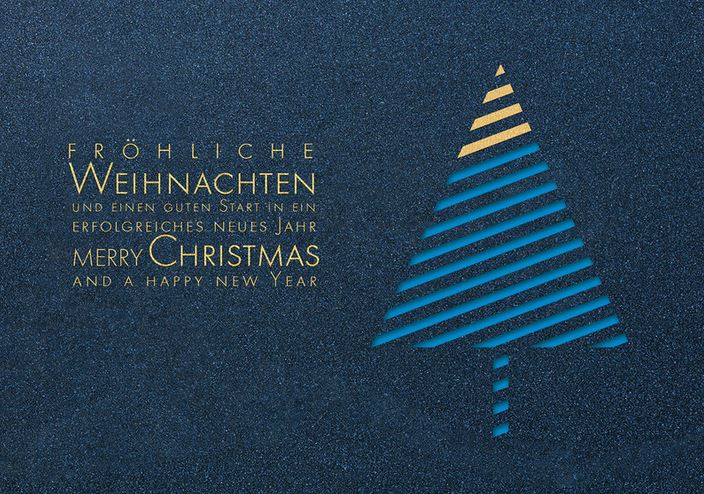 Dunkelblaue Weihnachtskarte mit goldener Folienprägung, Stanzung und Einleger in blau