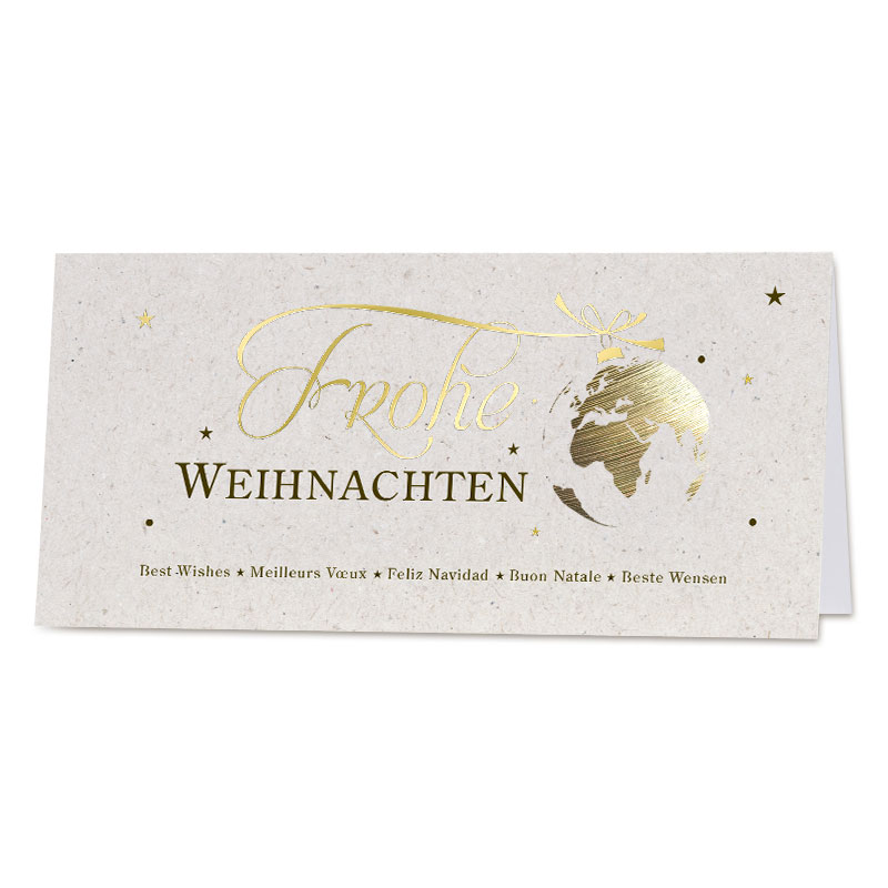 Firmenweihnachtskarte mit internationalen Grüßen und Weltkugel in Goldfolienprägung, DIN lang