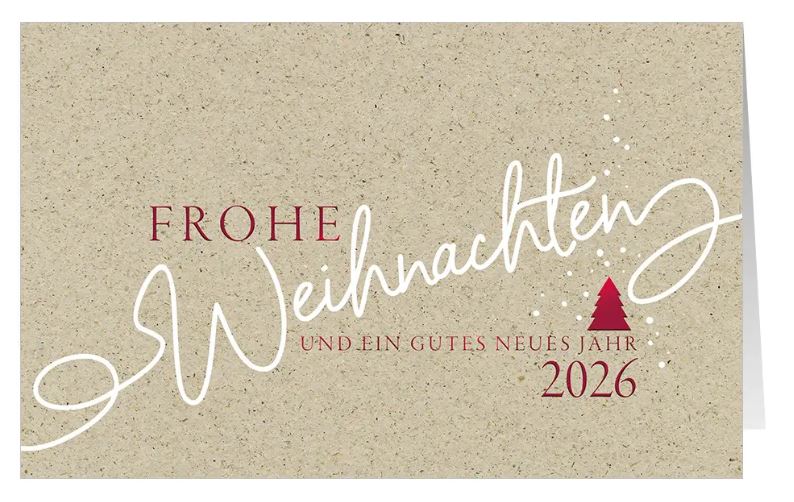 Weihnachtskarte "Eleganz" in hellem braun, foliengeprägt, mit Weihnachts- und Neujahrsgruß sowie Jahreszahl 2026