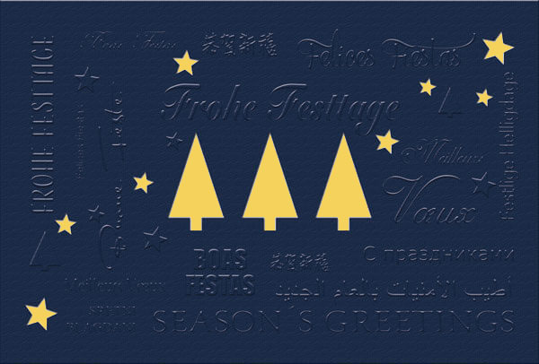 Weihnachtskarte mit Sternen und Weihnachtsbäumen und goldenem Einleger