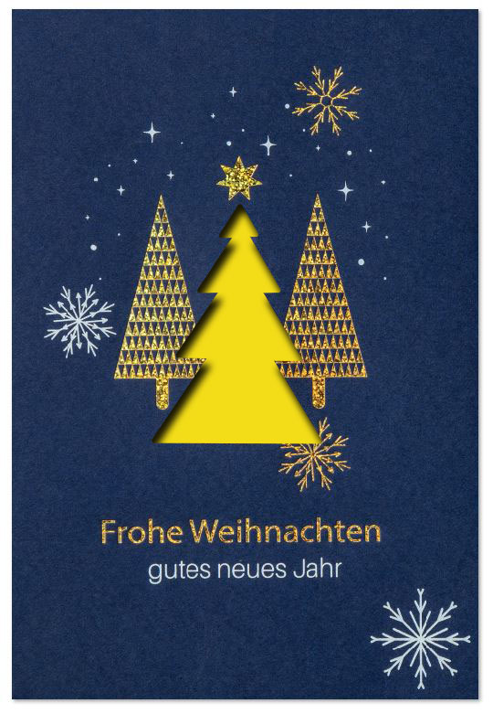 Stanz-Weihnachtskarte blau mit Weiß- und Goldfolienprägung, Motiv: Weihnachtsbäume, Eiskristalle und Gruß, Einleger gelb