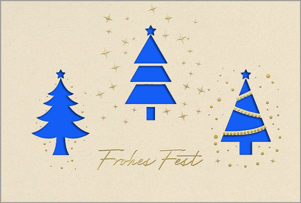 Festliche Weihnachtskarte in creme mit Formstanzung und Goldprägung von Gruß und Tannen, Einleger blau