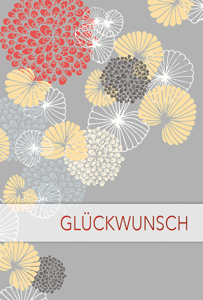 Glückwunschkarte mit roter Hochglanzfolie "Glückwunsch" und farbigen floralen Elementen