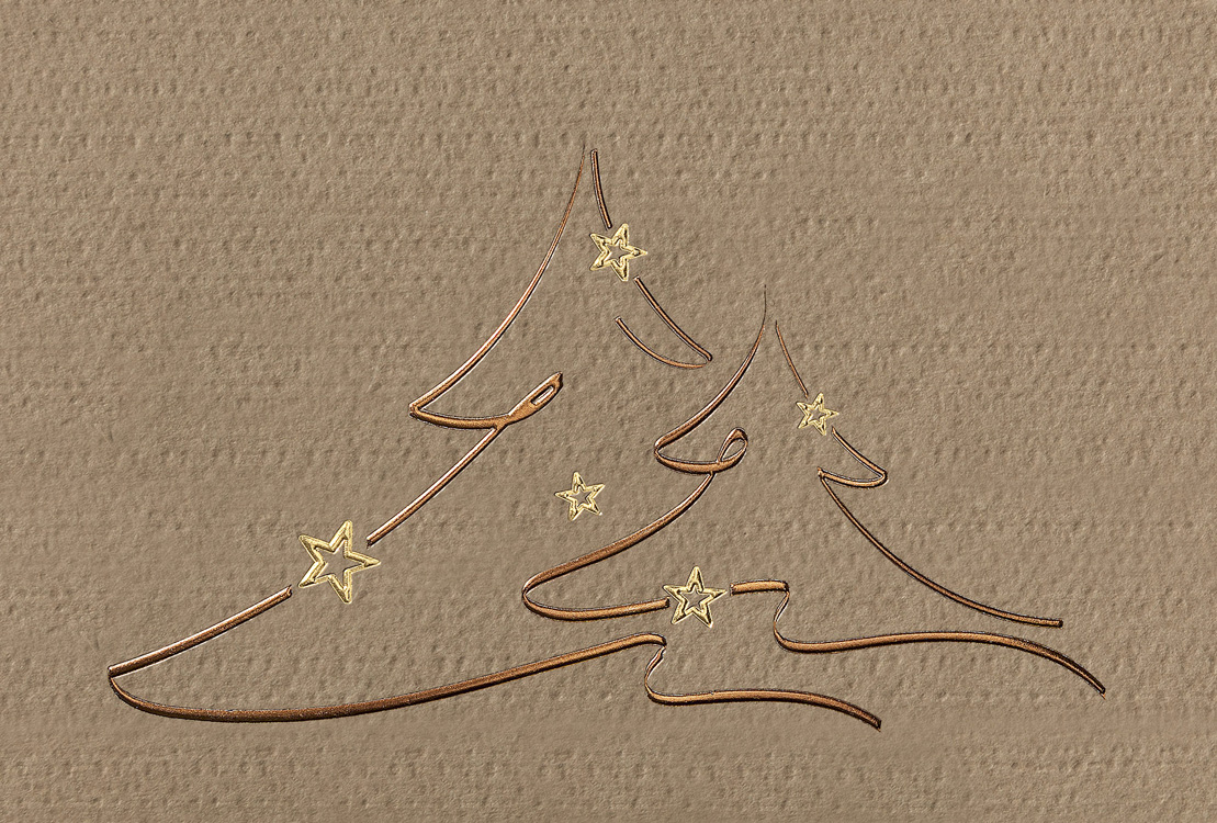 Weihnachtskarte braun mit zwei Weihnachtsbäumen bronze gold