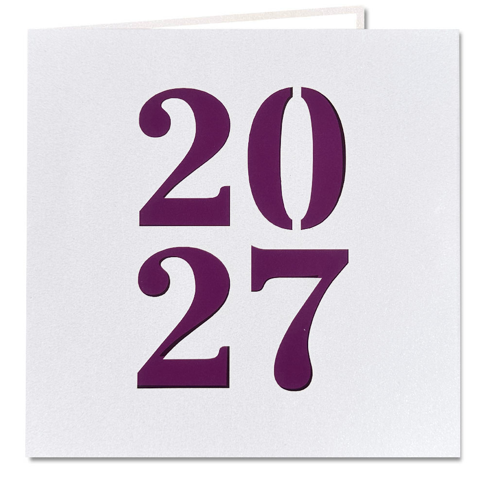 Weiße Metallic-Neujahrskarte mit gestanzter Jahreszahl 2027 und lilafarbenem Einlegeblatt