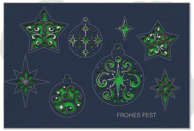 Edle Laser-Weihnachtskarte in blau "Filigrane Festlichkeit" mit Silberfolienprägung und Einlegeblatt in Grün