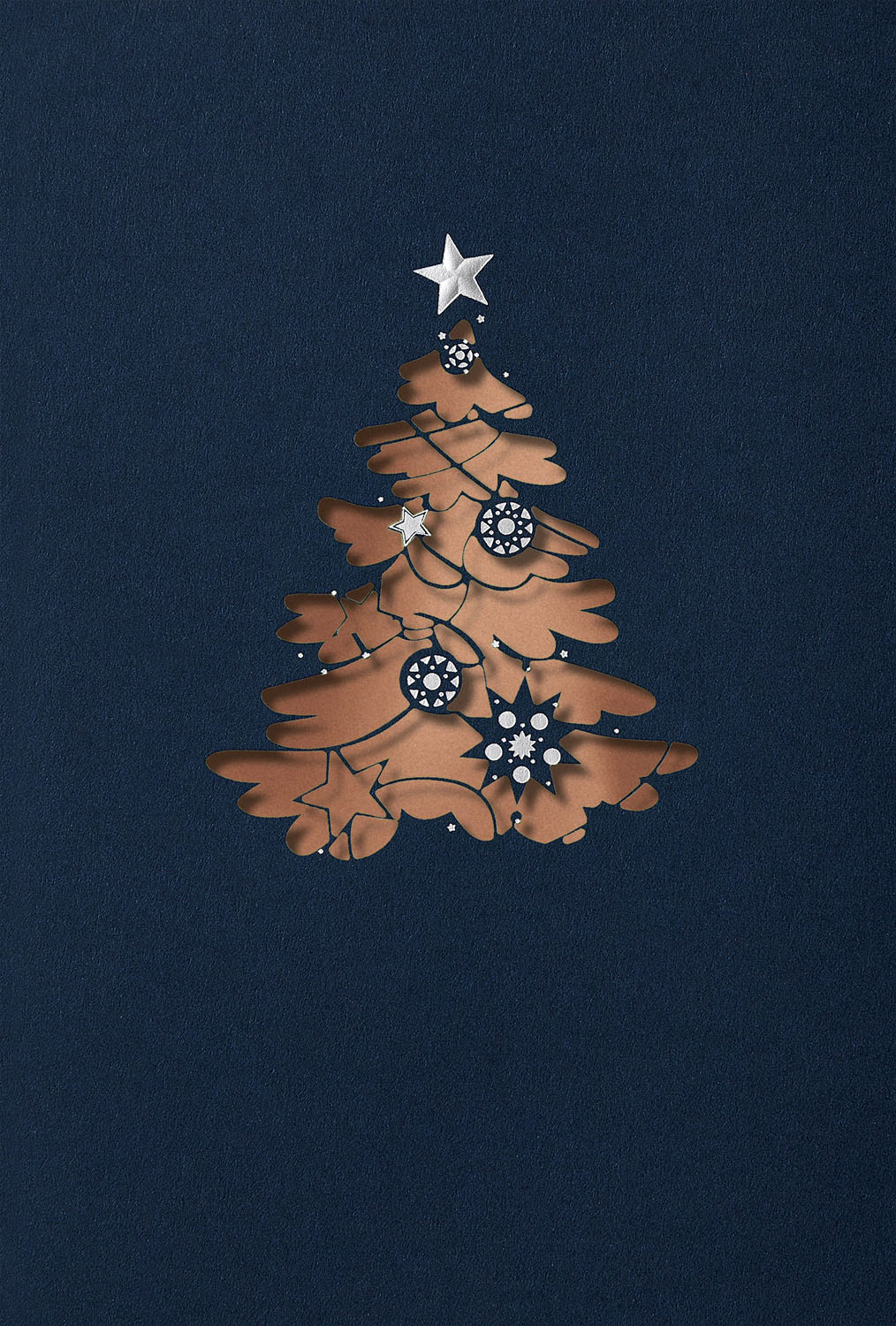 Weihnachtskarte mit lasergestanztem Weihnachtsbaum Einlegeblatt mit kupferfarbener Vorderseite