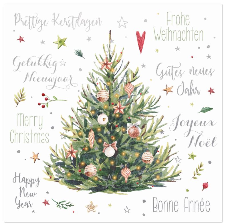 Internationale Weihnachtskarte "Joyeux Noël" im Aquarellstil und traditionellen Design mit geschmücktem Weihnachtsbaum