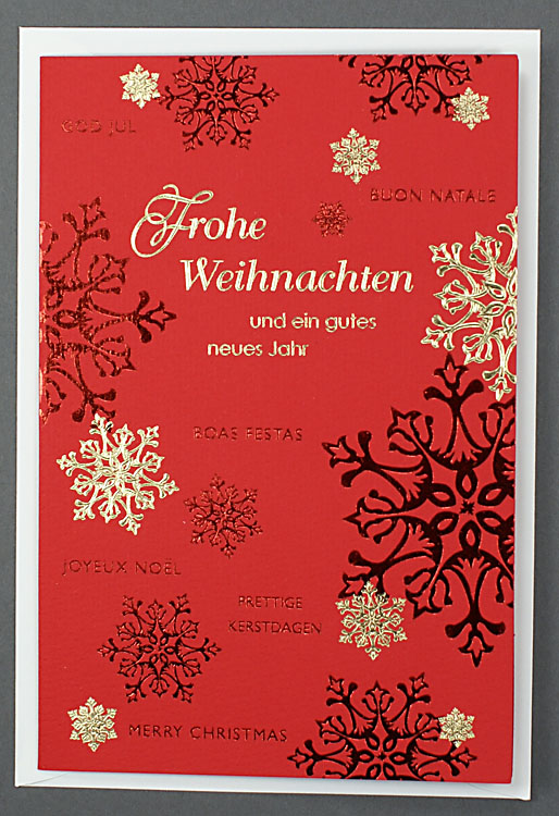 Weihnachtskarte rot Frohe Weihnachten mehrsprachig Sterne