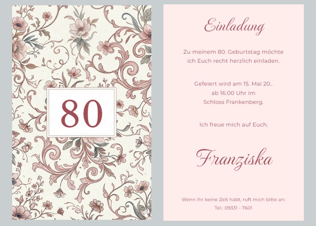Klassische Einladungskarte zum 80. Geburtstag mit floralem Ornament als beidseitig bedruckte Einzelkarte 