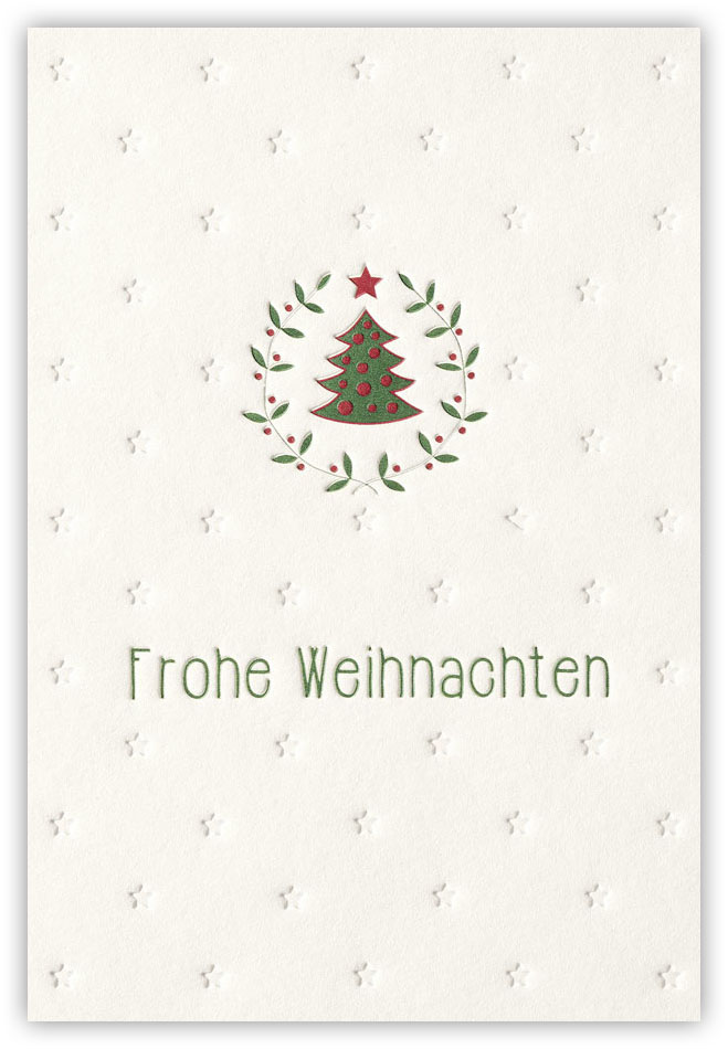 Weihnachtskarte creme mit Schriftzug Frohe Weihnachten, Farbdruck und Reliefprägung