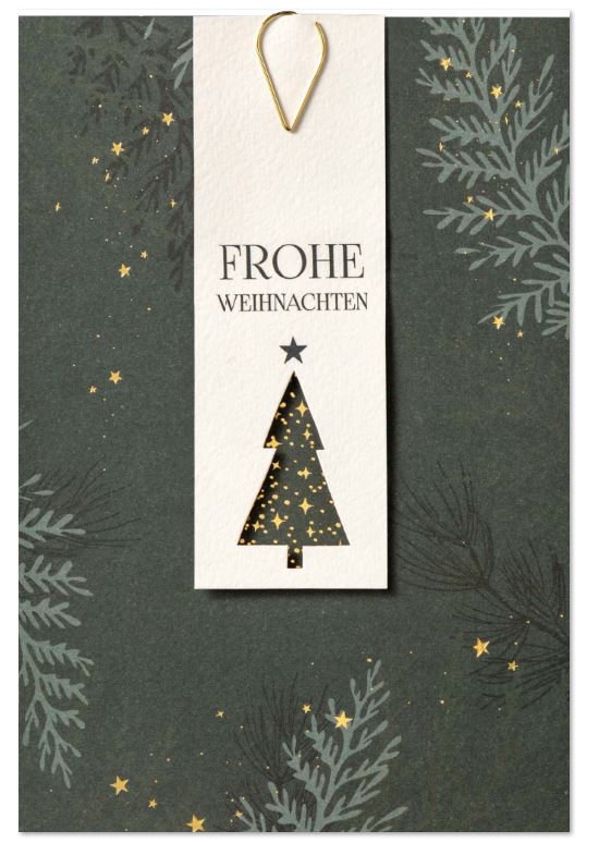 Exklusive Weihnachtskarte mit goldener Büroklammer, Anhänger mit Baumstanzung und Goldfolienprägung