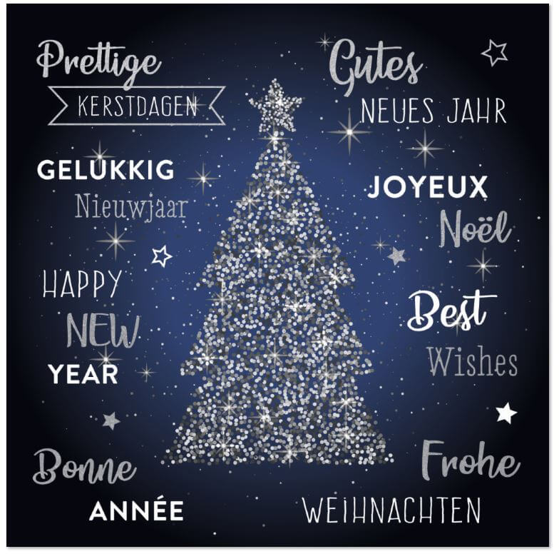 Blaue Weihnachtskarte, quadratisch mit internationalen Grüßen, Baum und Stern