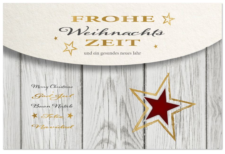Rustikale Weihnachtskarte "Gemütliche Weihnachtszeit" mit internationalen Grüßen und lasergestanztem Stern