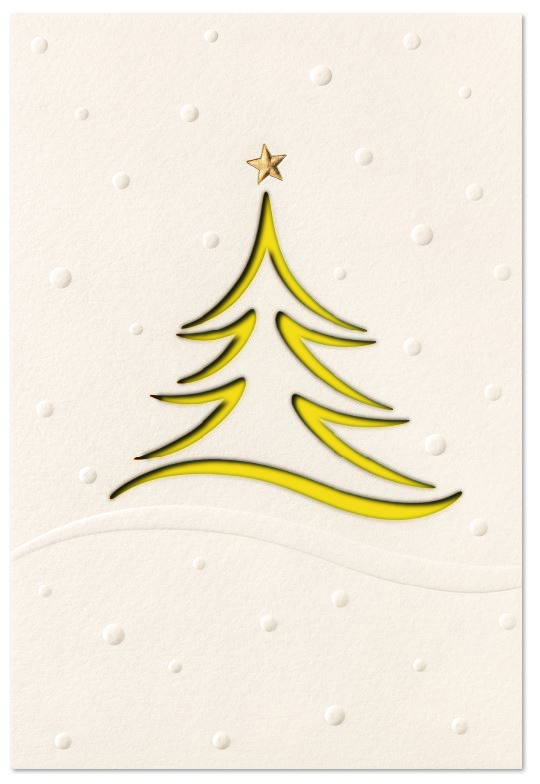 Edle Laser-Weihnachtskarte in weiß mit Blind- und Goldfolienprägung sowie gelastertem Baum, Einleger gelb