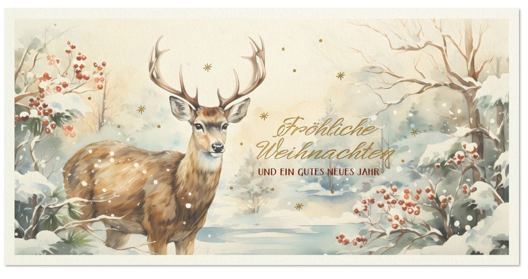 Malerische Winter-Weihnachtskarte "Waldidylle" mit prächtigem Hirsch und Weihnachtsgruß, DIN lang