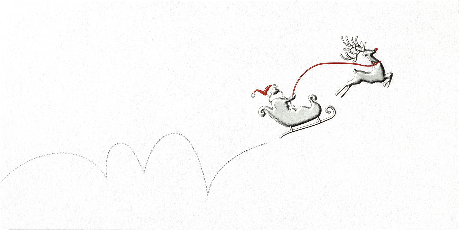Weihnachtskarte mit gutem Zweck: Kindernothilfe - Rentierschlitten mit Weihnachtsmann