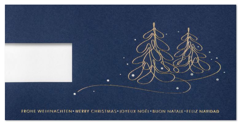 Firmenweihnachtskarte in blau "Worldwide Wishes" mit Fensterstanzung und internationalen Grüßen, DIN lang