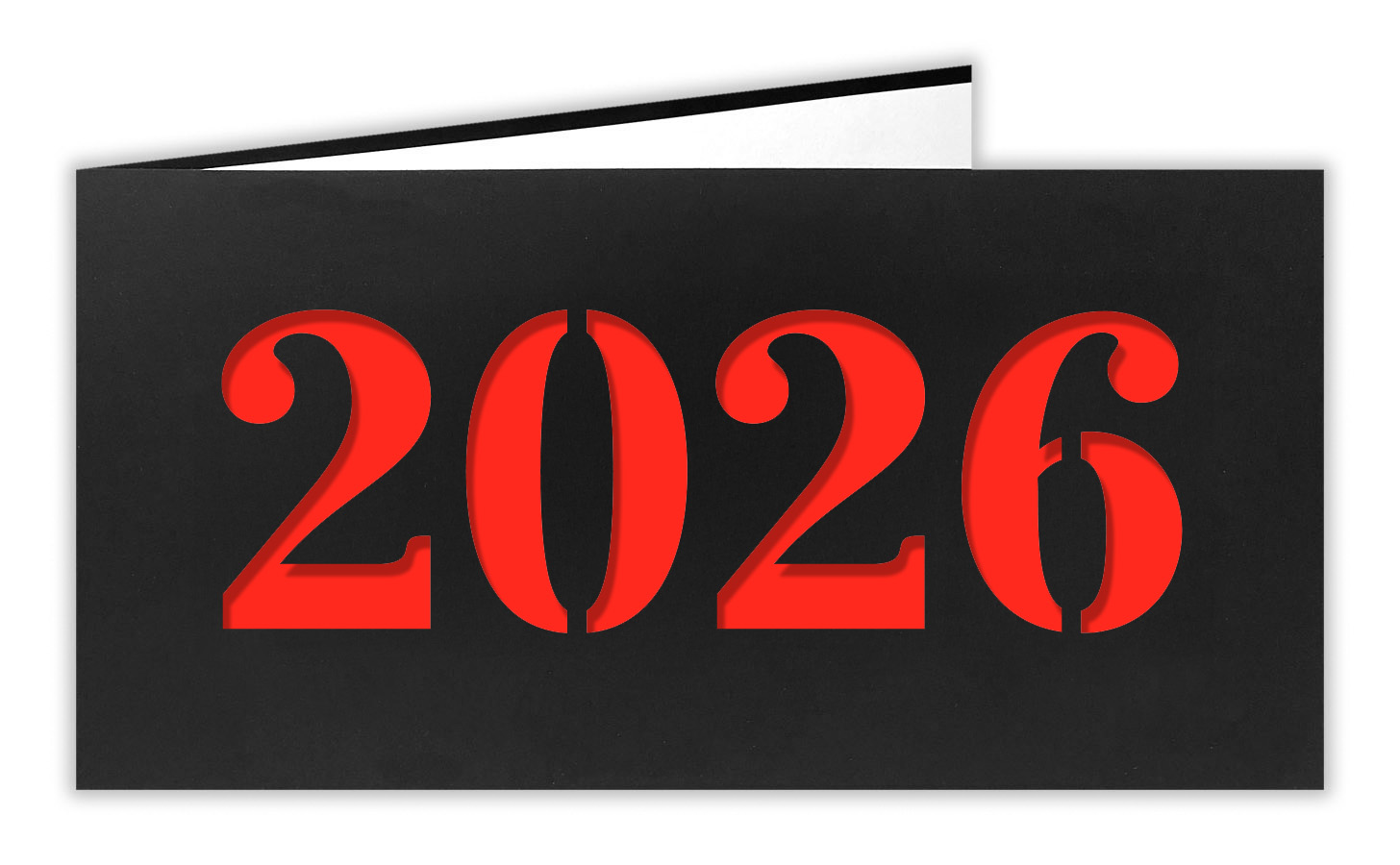 Neujahrskarte schwarz mit Laserstanzung 2026 und rotem Einlegeblatt