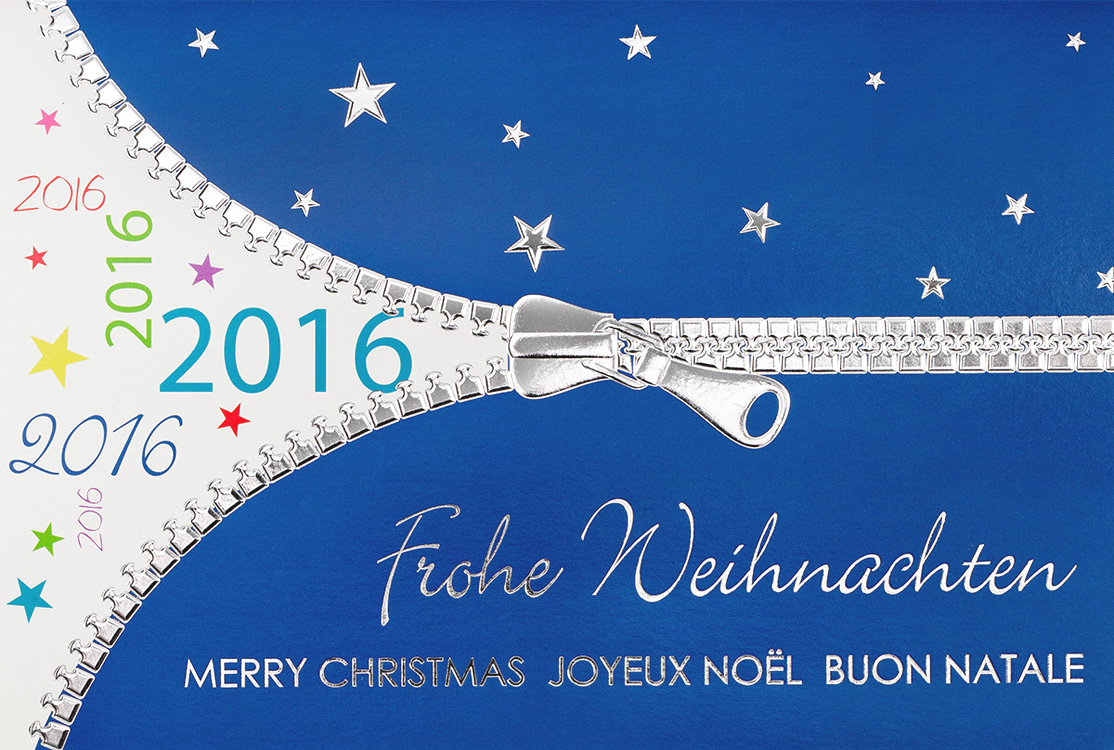 Festtagskarte blau mit Reißverschluss und Jahreszahl 2016